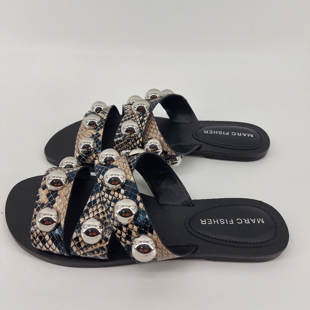 Marc Fisher Bryte 2 Studded Flat Sandals aside 5 Black and Tan Faux Snake Skin